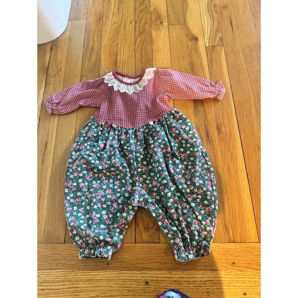 Vintage Peanuts Baby Girls Floral Romper 6-9M One Piece Lace Collar 80s/90s